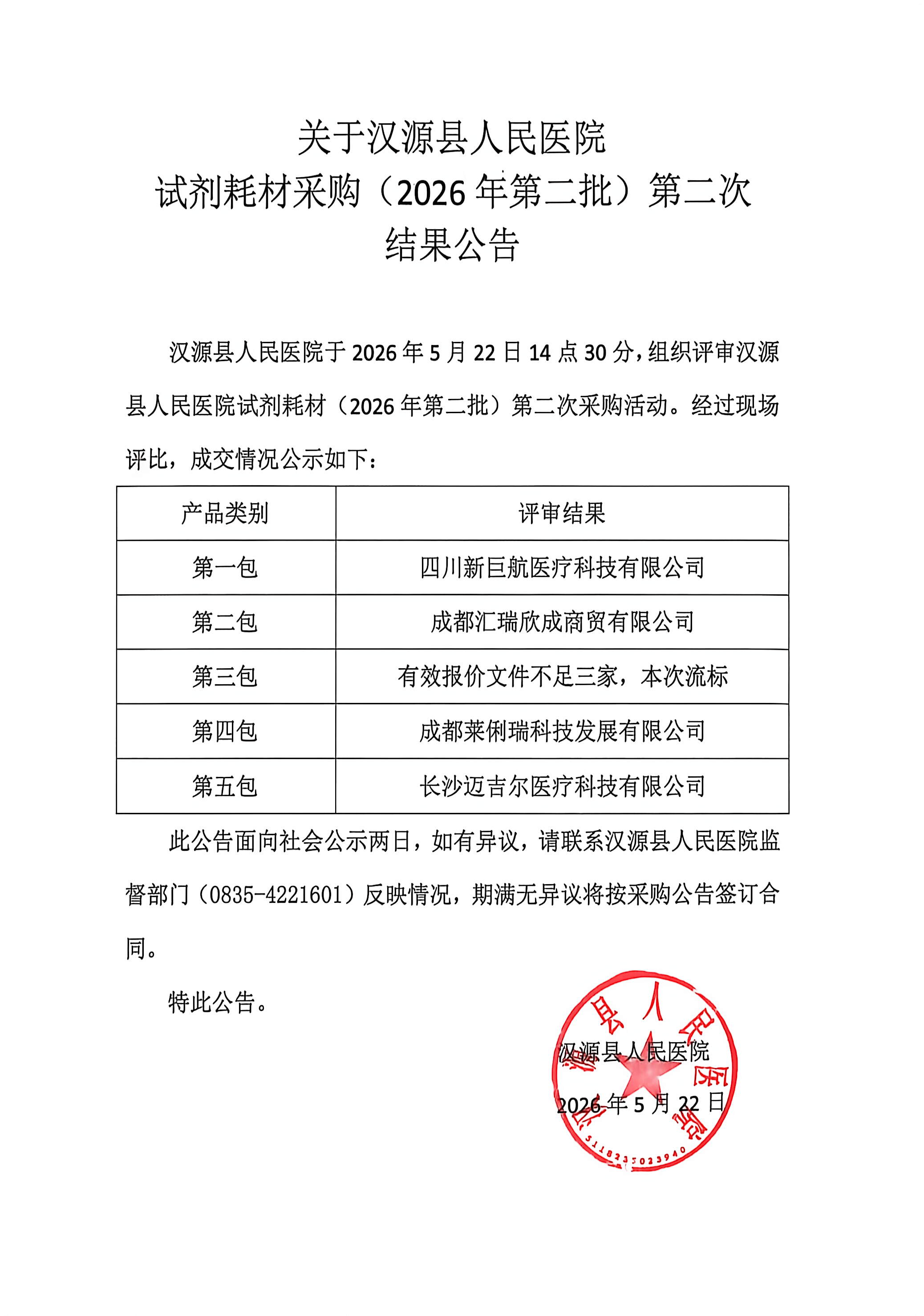 关于汉源县人民医院试剂耗材采购（2026年第二批）第二次结果公告